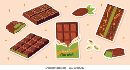 Dubai chocolate stickers, set of chocolate bars, cocoa candy, handmade Dubai chocolate, luxury confectionery collection. Flat vector illustration isolated on beige background.