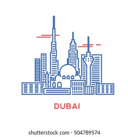 Dubai city architecture retro vector illustration, skyline city silhouette, skyscraper, stroke design