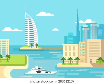 Dubai city beach skyline concept flat vector illustration