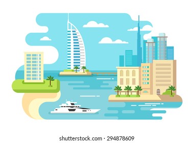 Dubai City Beach Skyline Concept Flat Vector Illustration