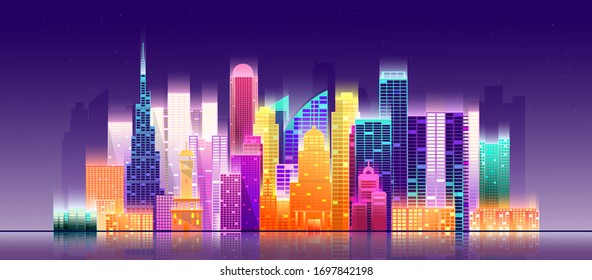 Dubai City. Cityscape On A Dark Background With Bright And Glowing Neon Purple And Blue Lights.