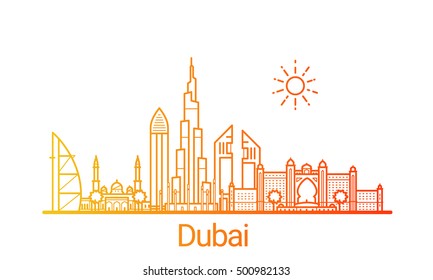 Dubai city colored gradient line. All Dubai buildings - customizable objects with opacity mask, so you can simple change composition and background fill. Line art.