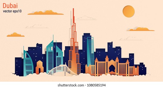 Dubai city colorful paper cut style, vector stock illustration. Cityscape with all famous buildings. Skyline Dubai city composition for design 