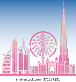 Dubai City Downtown skyline with color skyscrapers. Vector illustration. Business Travel and Tourism Concept design with modern buildings. For presentation, flyer, cover, banner, placard and web site.