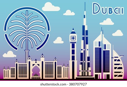 Dubai City Downtown skyline with color skyscrapers. Vector illustration. Business Travel and Tourism Concept design with modern buildings. For presentation, flyer, cover, banner, placard and web site.
