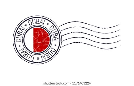 Dubai city grunge postal rubber stamp and flag on white background