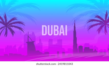 Dubai City Landscape Background. Gradient Background of high buildings and palms in Dubai.