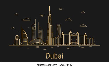 Arte de linha da cidade de Dubai, ilustração vetorial de arquitetura dourada, cidade do horizonte, todas as torres famosas.