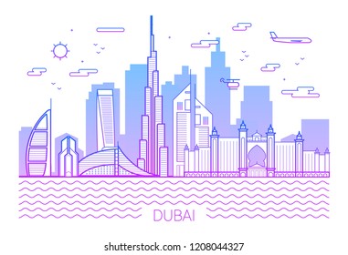 Dubai city line art Vector illustration with all famous building. Cityscape banner in a trendy modern style, typographic composition of gradient lines and background 