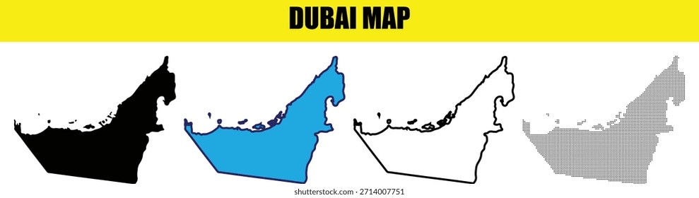 Mapa de la ciudad de Dubái siluetas en diferentes colores y patrones