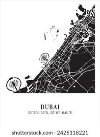 Dubai city map. Travel poster vector illustration with coordinates. Dubai, UAE Vector Map in dark mode.