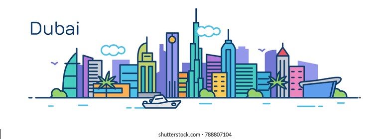 Dubai city. Modern flat line style. Vector illustration