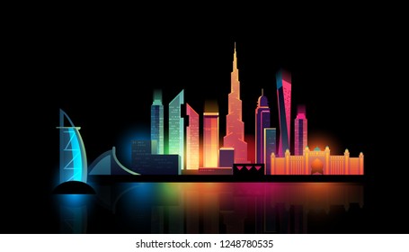 Dubai City night skyline with colorful lights. Vector illustration