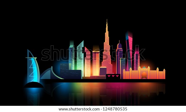カラフルな光を持つドバイシティの夜景 ベクターイラスト のベクター画像素材 ロイヤリティフリー