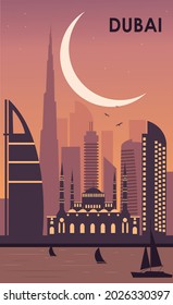 Dubai city silhouette with boats, moon and stars. Vector illustration