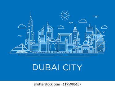 dubai city skyline background with iconic concept use for background banner and tshirt design template, uni arab emirates landmarks