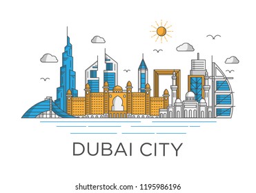 dubai city skyline background with iconic concept use for background banner and tshirt design template, uni arab emirates landmarks