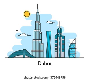 Dubai city skyline background. United Arab Emirates. Line flat trendy illustration.