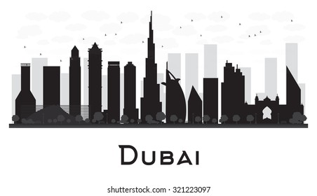 Dubai City skyline black and white silhouette. Vector illustration. Simple flat concept for tourism presentation, banner, placard or web site. Business travel concept. Cityscape with famous landmarks