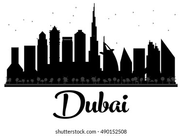 Dubai City skyline black and white silhouette. Vector illustration. Simple flat concept for tourism presentation, banner, placard or web site. Business travel concept. Cityscape with famous landmarks