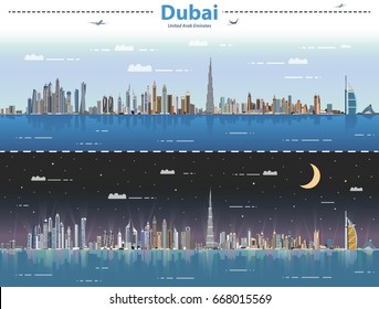 Dubai city skyline at day and night vector illustration