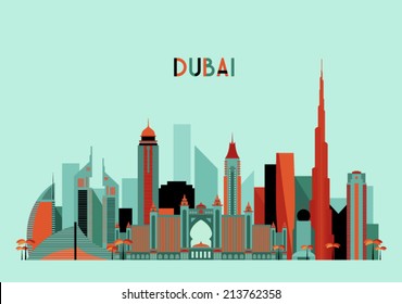 La silueta detallada del horizonte de Dubai City. Diseño plano, ilustración vectorial de moda.