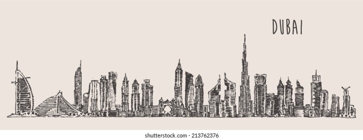 Dubai City skyline detailed silhouette. Hand drawn, engraved vector illustration.