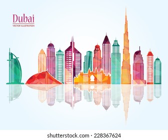 Dubai City skyline detailed silhouette.  Vector illustration