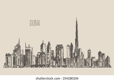 Dubai City skyline detailed silhouette. Hand drawn, engraved vector illustration