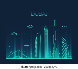 Dubai City skyline detailed silhouette. Trendy vector illustration, line art style.