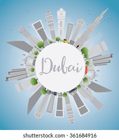 Dubai City Skyline with Gray Skyscrapers, Blue Sky and Copy Space. Vector Illustration. Business Travel and Tourism Concept with Modern Buildings. Image for Presentation, Banner, Placard and Web Site.