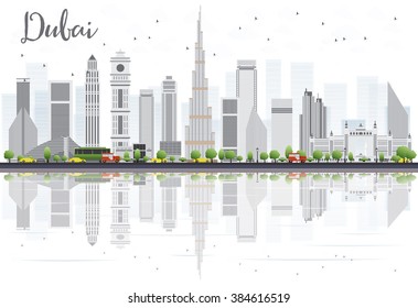 Dubai City skyline with Gray Skyscrapers and Reflections Isolated on White. Vector illustration. Business Travel and Tourism Concept with Modern Buildings. Image for Presentation Banner Placard.