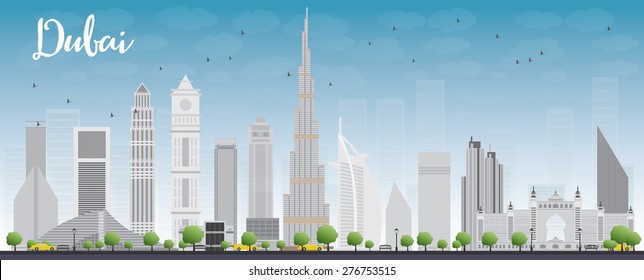 Dubai City skyline with grey skyscrapers and blue sky. Vector illustration