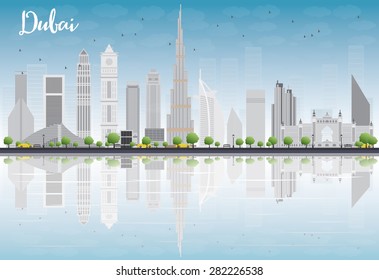 Dubai City skyline with grey skyscrapers, blue sky and reflections. Vector illustration