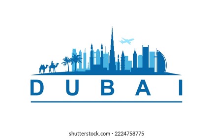 Dubai City Skyline Landscape Emirates Vector Graphic. Blue silhouette graphic. Abu dhabi, doha, arabia.