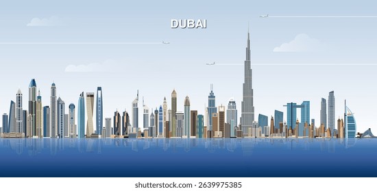 Dubai city skyline on gradient beautiful day sky background. Vector illustration