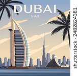 Dubai city skyline. Poster with landscape of modern city of Dubai, United Arab Emirates. Arab town with architectural landmarks. Tourism and travel destinations. Realistic vector illustration