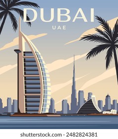 Dubai city skyline. Poster with landscape of modern city of Dubai, United Arab Emirates. Arab town with architectural landmarks. Tourism and travel destinations. Realistic vector illustration