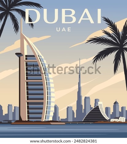 Dubai city skyline. Poster with landscape of modern city of Dubai, United Arab Emirates. Arab town with architectural landmarks. Tourism and travel destinations. Realistic vector illustration