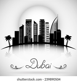 Dubai City skyline with reflection. Typographic Design