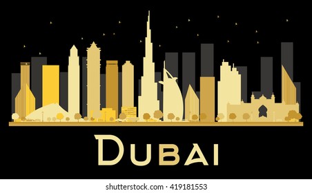 Dubai City skyline silhouette with golden skyscrapers. Vector illustration. Simple flat concept for tourism presentation, banner, placard or web site. Business travel concept. Cityscape with landmarks