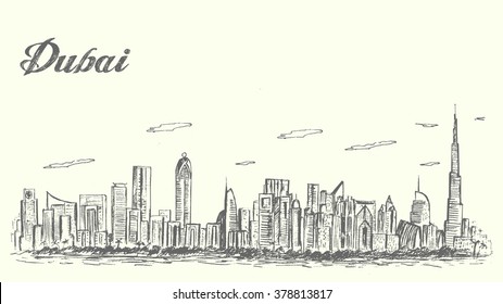 Dubai city skyline sketch style detailed,isolated, vector,illustration.