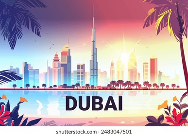 Dubai city skyline at sunset with palm trees and beach in foreground Colorful skyscrapers and Burj Khalifa reflecting in water Vibrant tropical plants and birds