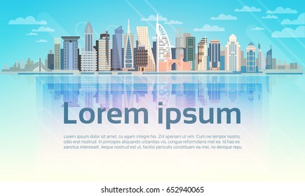 Dubai City Skyscraper View Cityscape Background Skyline with Copy Space Flat Vector Illustration