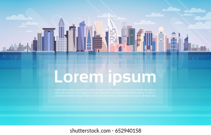 Dubai City Skyscraper View Cityscape Background Skyline with Copy Space Flat Vector Illustration