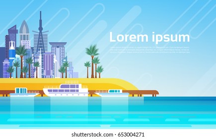 Dubai City Skyscraper View Cityscape Background Skyline with Copy Space Flat Vector Illustration