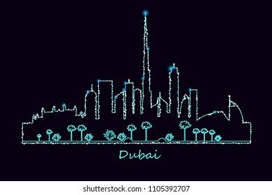 Dubai city skyscrapers and landmarks skyline illuminated at night vector illustration. Glowing silhouette.
