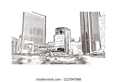Dubai, City in the United Arab Emirates (UAE). Hand drawn sketch illustration in vector.