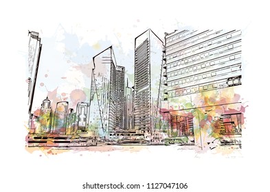 Dubai, City in the United Arab Emirates (UAE). Watercolor splash in Hand drawn sketch illustration in vector.