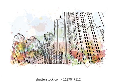 Dubai, City in the United Arab Emirates (UAE). Watercolor splash in Hand drawn sketch illustration in vector.